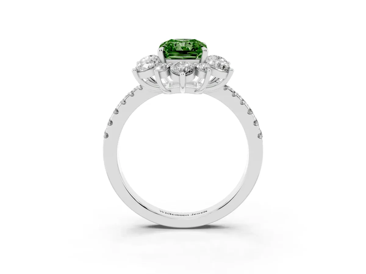 Fancy Green Radiant Cut Diamond Floral Halo Ring with Round Pavé Band and Prong Setting Silver