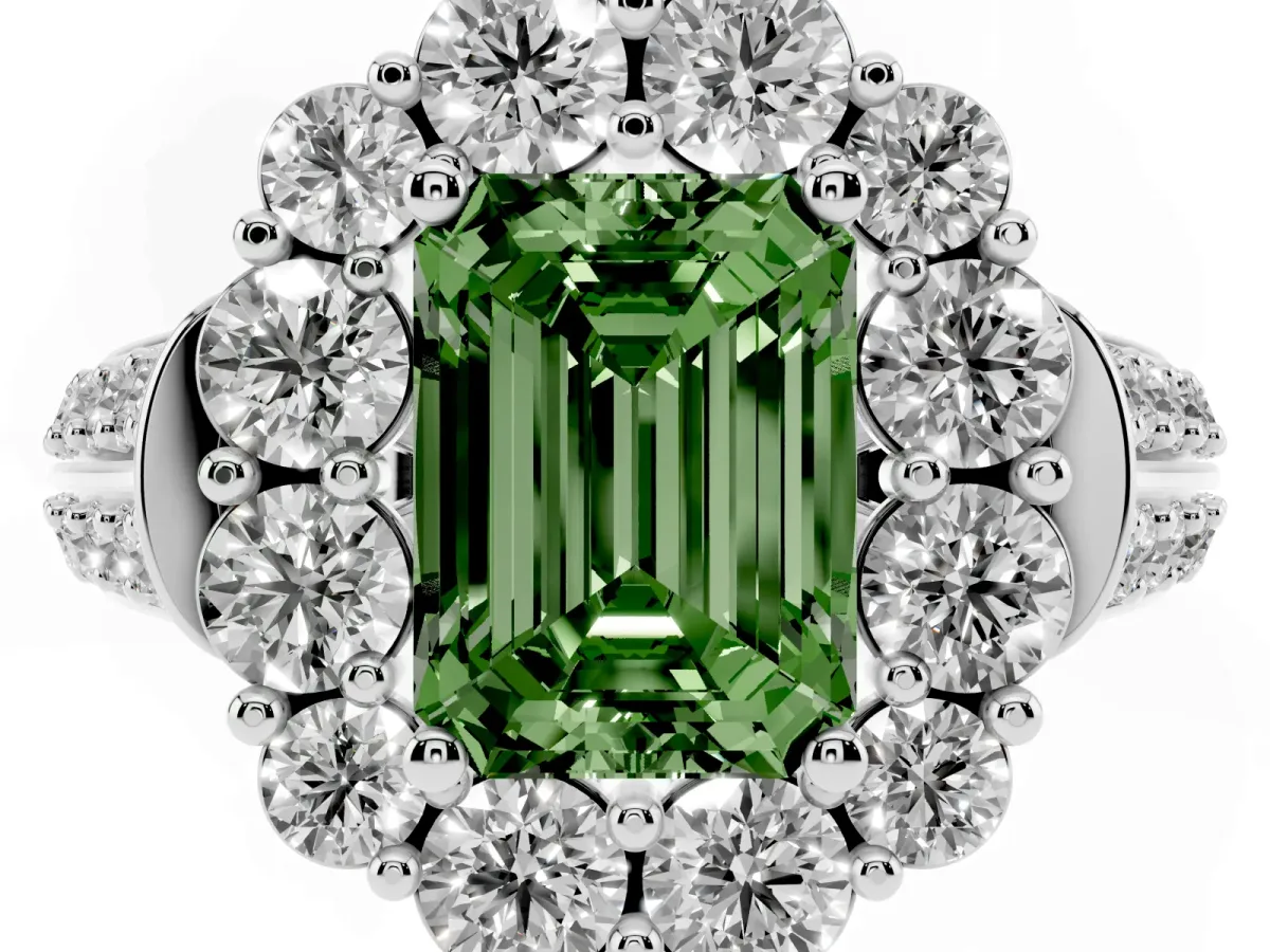Fancy Green Emerald Cut Halo Diamond Engagement Ring with Split Shank and Prong Setting Silver