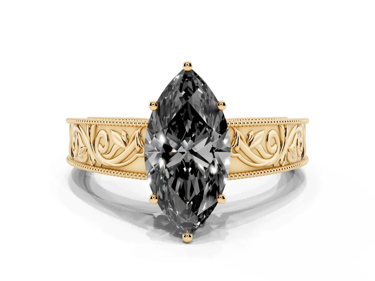 Fancy Black Marquise Cut Diamond Solitaire Ring with Engraved Band and Four-Prong Setting Yellow gold