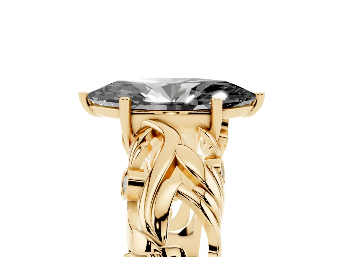 Fancy Black Marquise Cut Solitaire Diamond Leaf-Inspired Vine Band Ring with Prong Setting Yellow gold