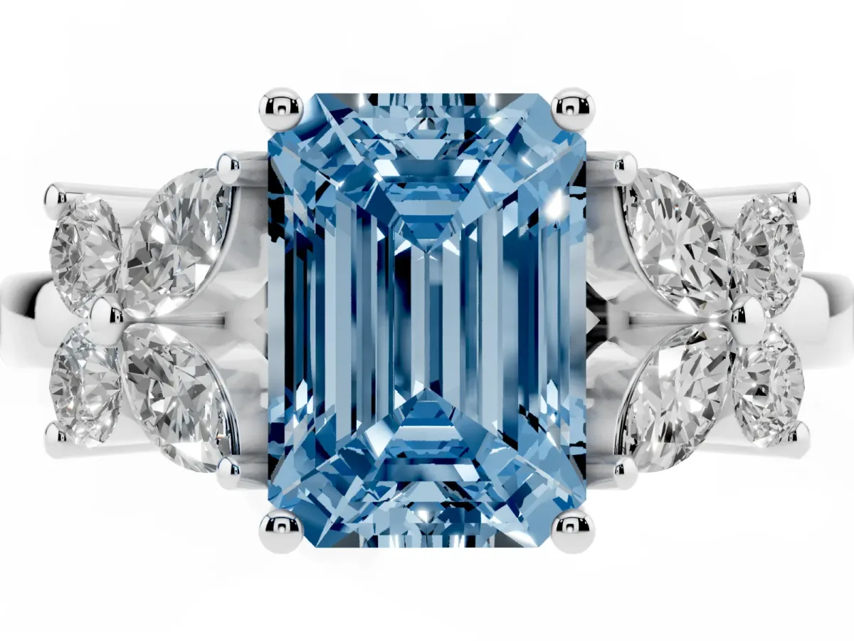 Fancy Blue Emerald Cut Diamond Floral Cluster Ring with Solitaire Band and Prong Setting Silver