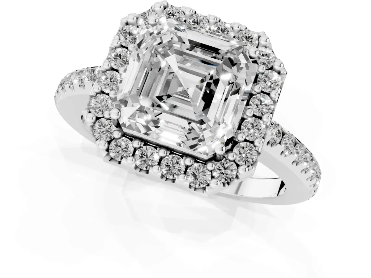 Asscher Cut Diamond Pavé Halo Ring with Four-Prong Setting Silver