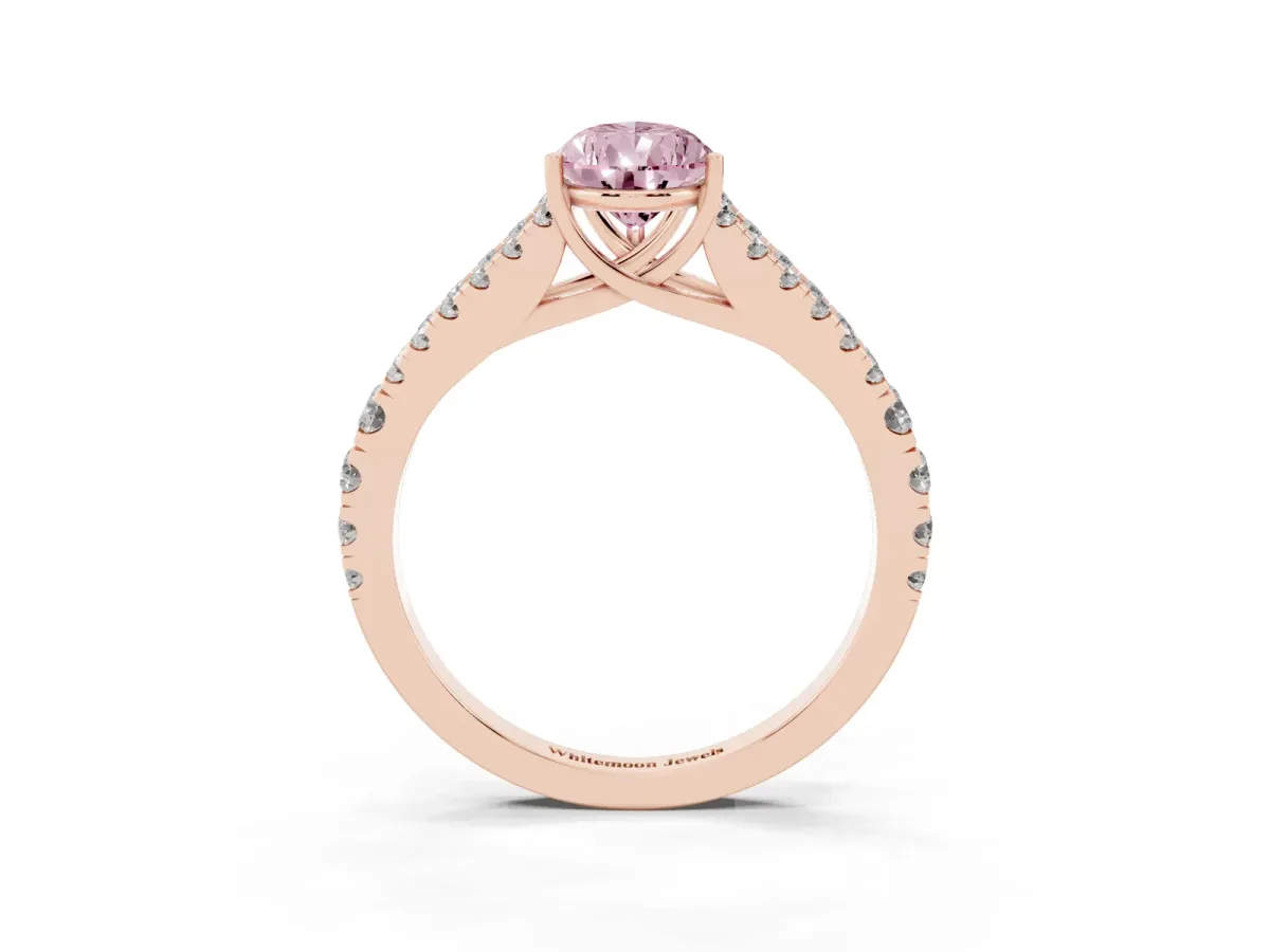 Fancy Pink Pear Cut Diamond Split Shank Engagement Ring with Round Pavé and Prong Setting Rose gold
