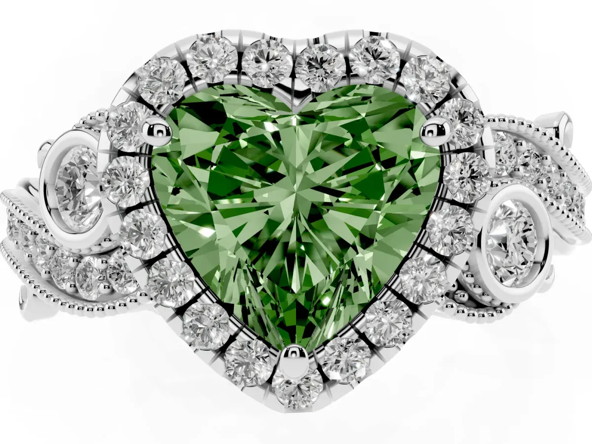 Fancy Green Heart Cut Diamond Halo Ring with Milgrain Pavé Band and Four-Prong Setting Silver