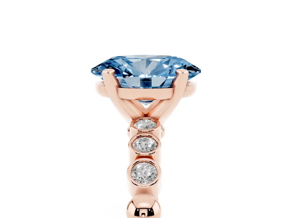 Fancy Blue Oval Cut Solitaire Bezel Accent Diamond Engagement Ring with Beaded Band and Four-Prong Setting Rose gold