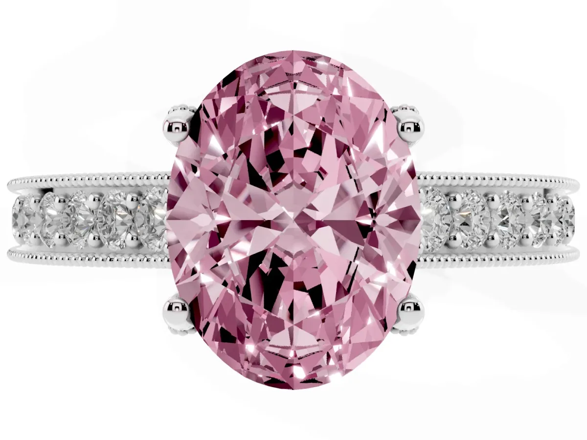 Fancy Pink Oval Cut Cut Diamond Solitaire Ring with Milgrain Pave Band and Four Prong Setting Silver
