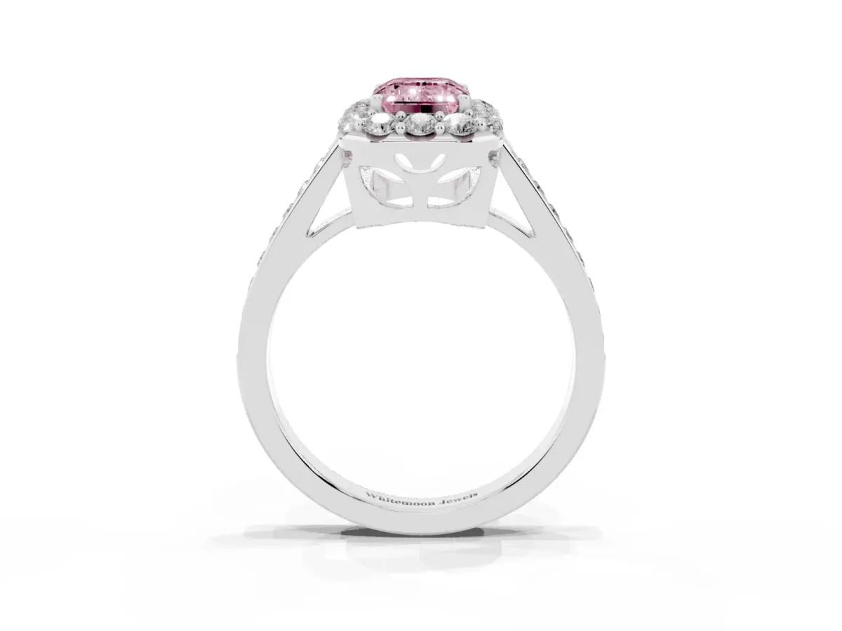 Fancy Pink Emerald Cut Diamond Floral Halo Ring with Pavé Band and Prong Setting Platinum
