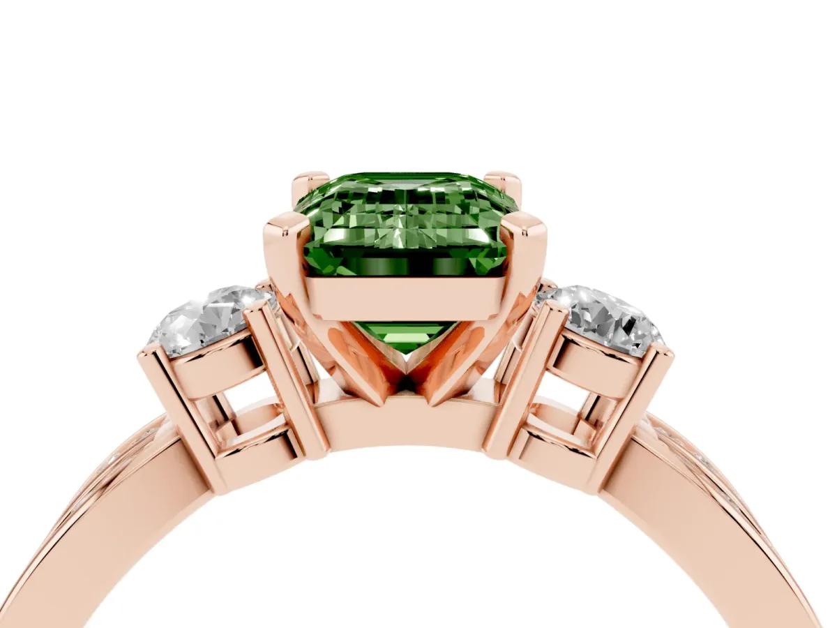 Fancy Green Three-Stone Emerald Cut Cut Diamond Twist Band with Prong Setting Rose gold