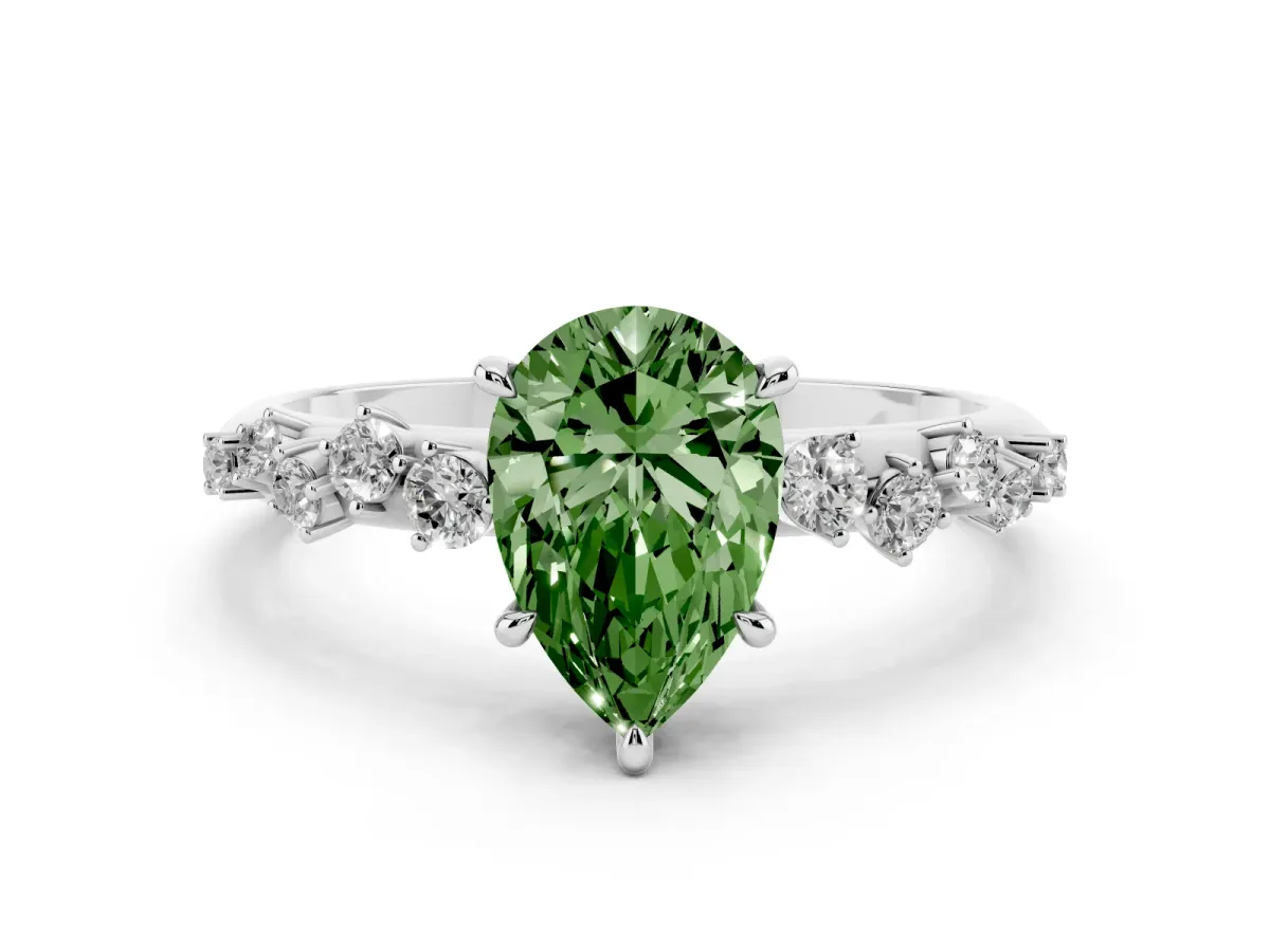 Fancy Green Pear Cut Diamond Cluster Side Stone Solitaire Ring with Prong Setting Silver