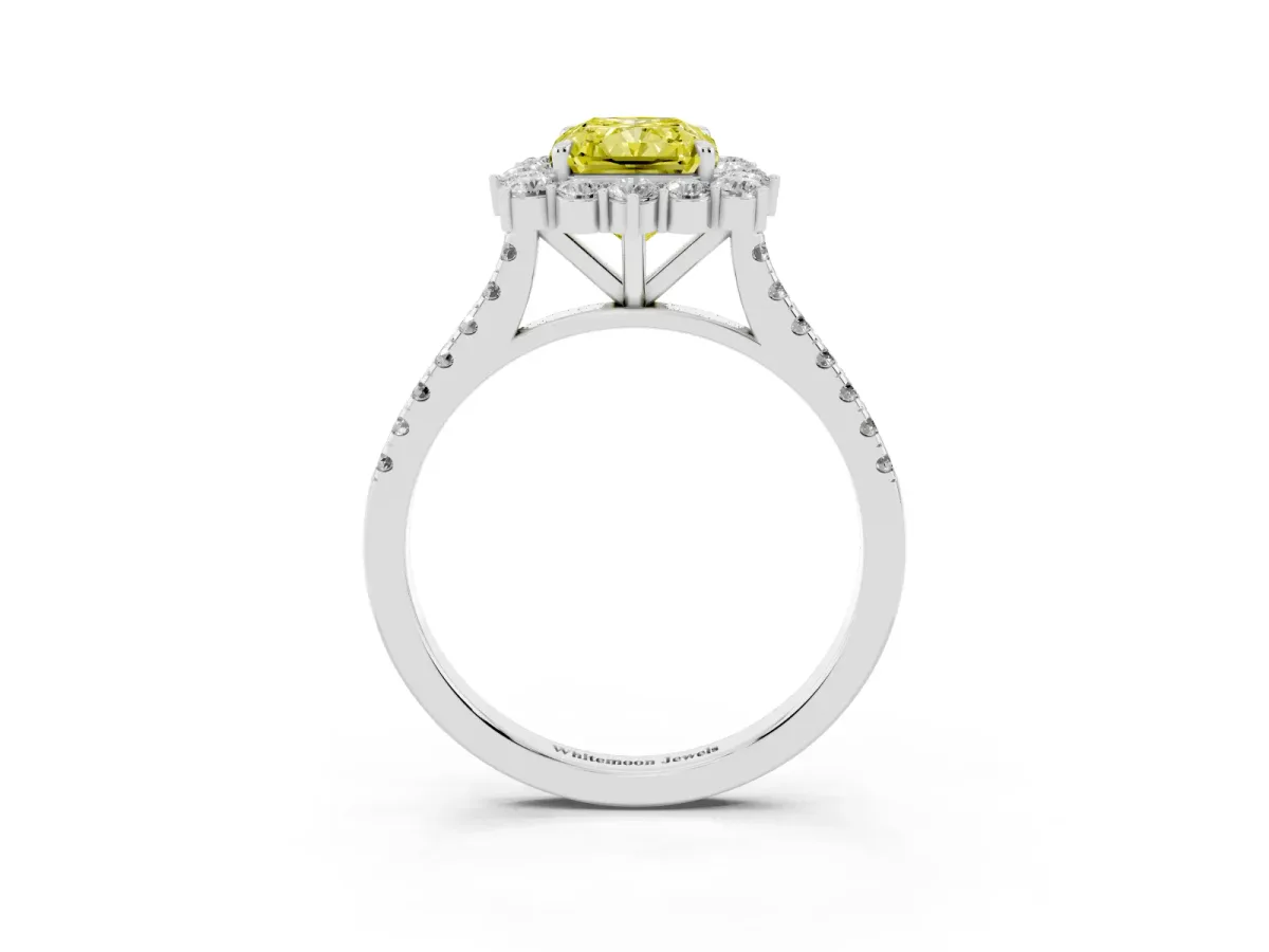 Fancy Yellow Radiant Cut Halo Diamond Ring with Pavé Band and Prong Setting Platinum