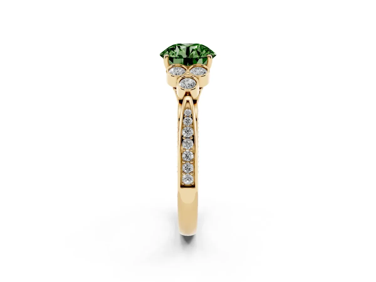 Fancy Green Round Cut Cut Diamond Engagement Ring with Bezel Set Round Side Stones and Prong Setting Yellow gold