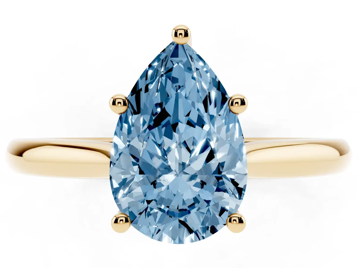 Fancy Blue Pear Cut Cut Solitaire Ring with Cathedral Band and Four-Prong Setting Yellow gold