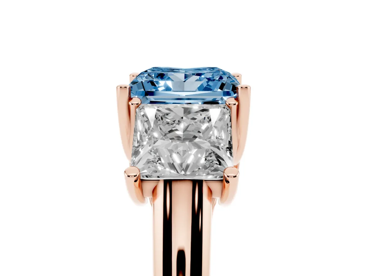Fancy Blue Three-Stone Princess Cut Diamond Engagement Ring with Prong Setting Rose gold