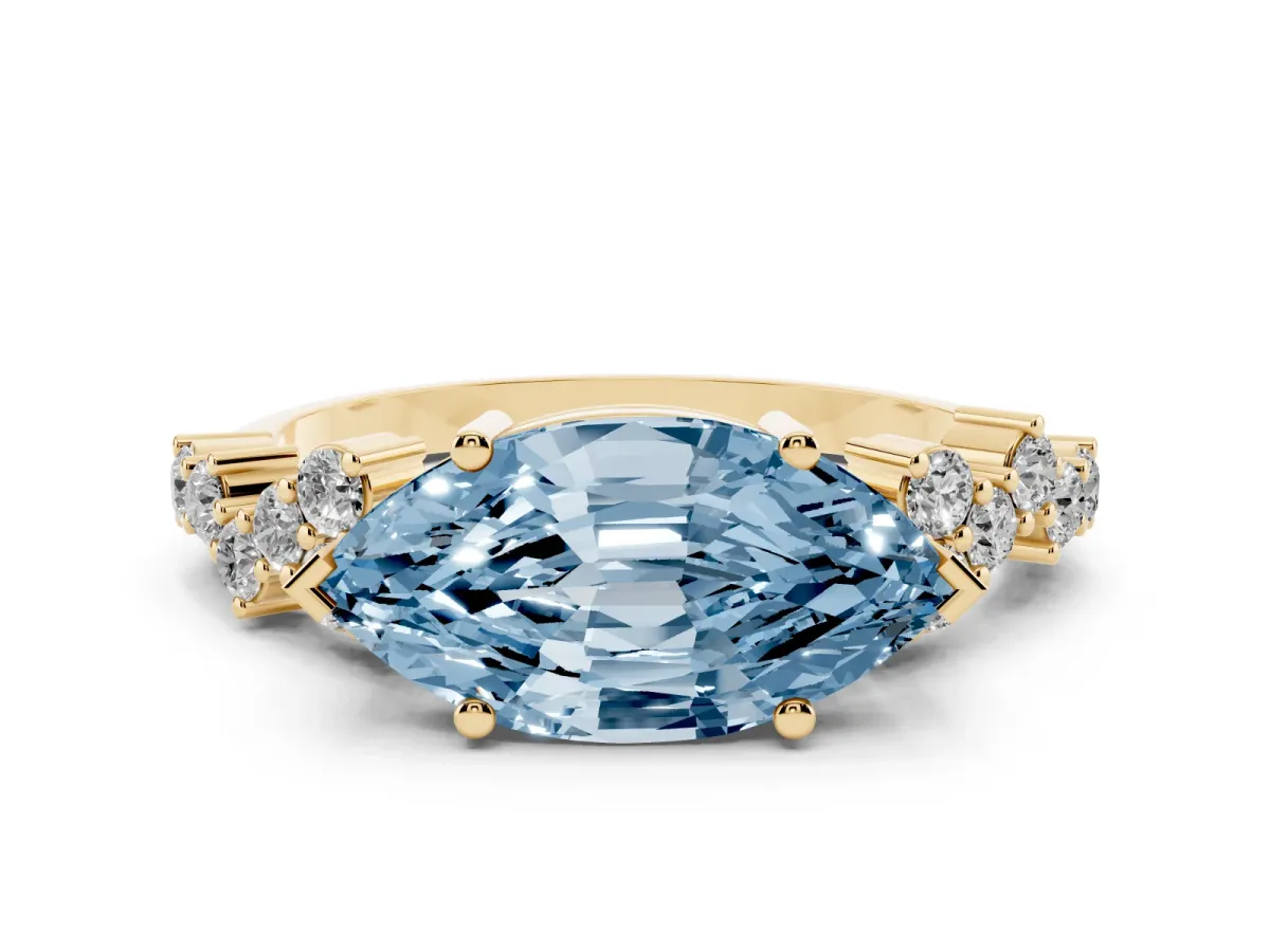 Fancy Blue Marquise Cut Diamond Scattered Round Accent Ring with Prong Setting Yellow gold