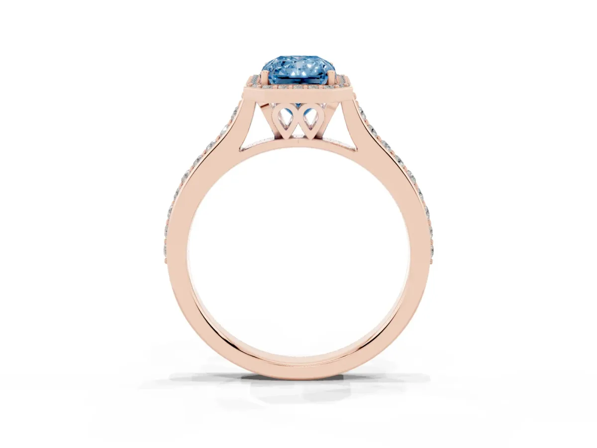 Fancy Blue Radiant Cut Diamond Halo Engagement Ring with Round Pavé Shoulders and Prong Setting Rose gold