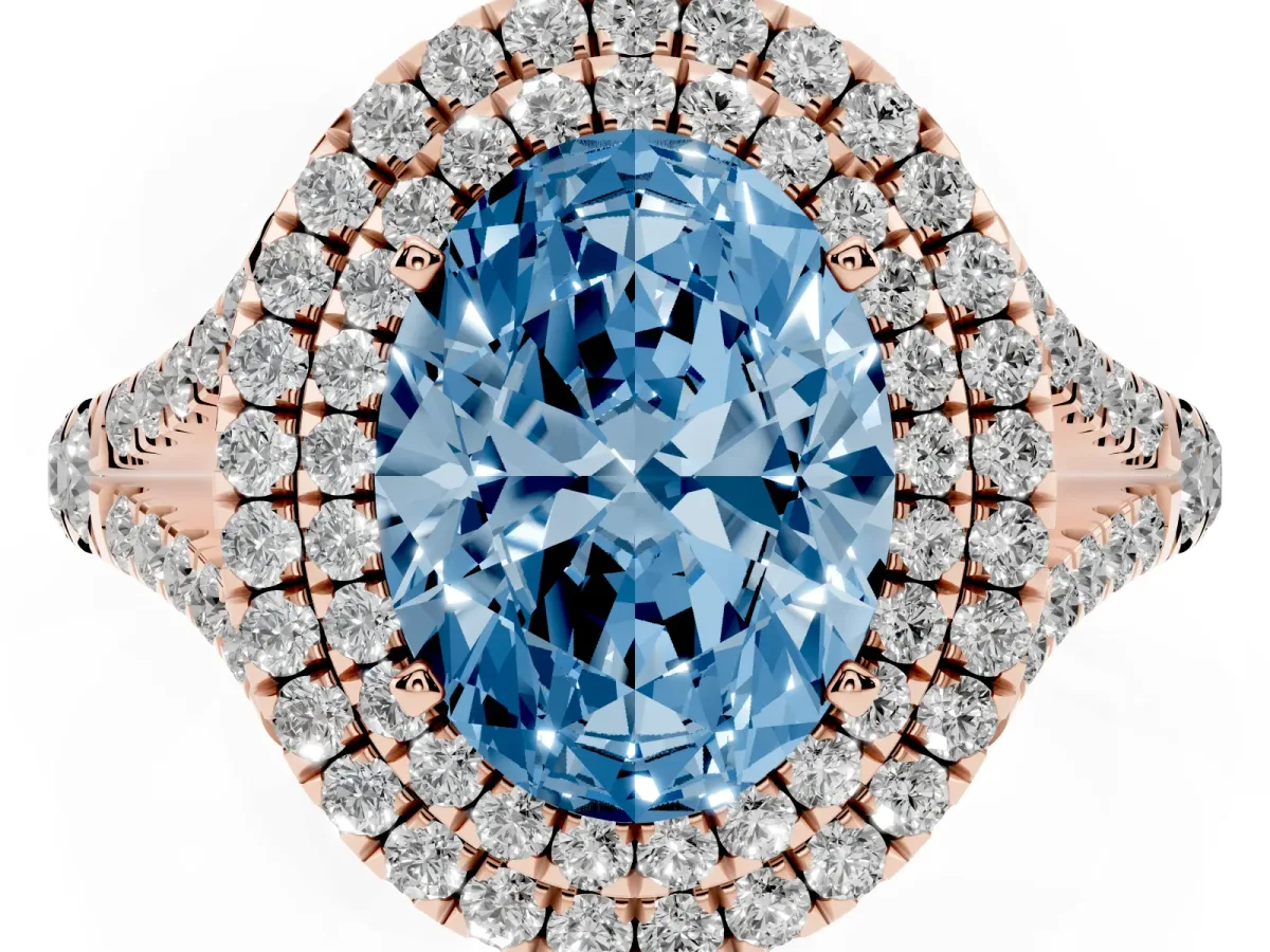 Fancy Blue Oval Cut Cut Double Halo Split Shank Diamond Ring with Prong Setting Rose gold