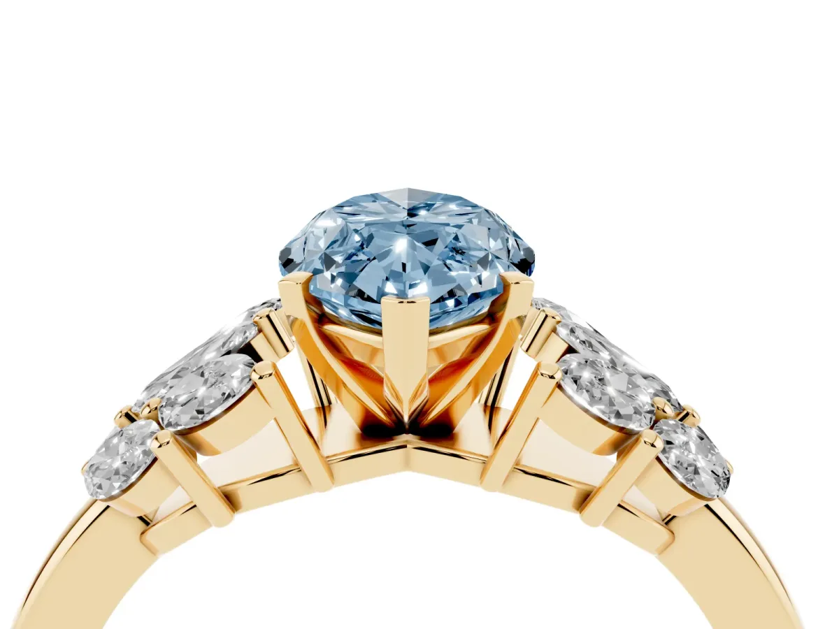 Fancy Blue Marquise Cut Diamond Cluster Leaf Design Ring with Prong Setting Yellow gold