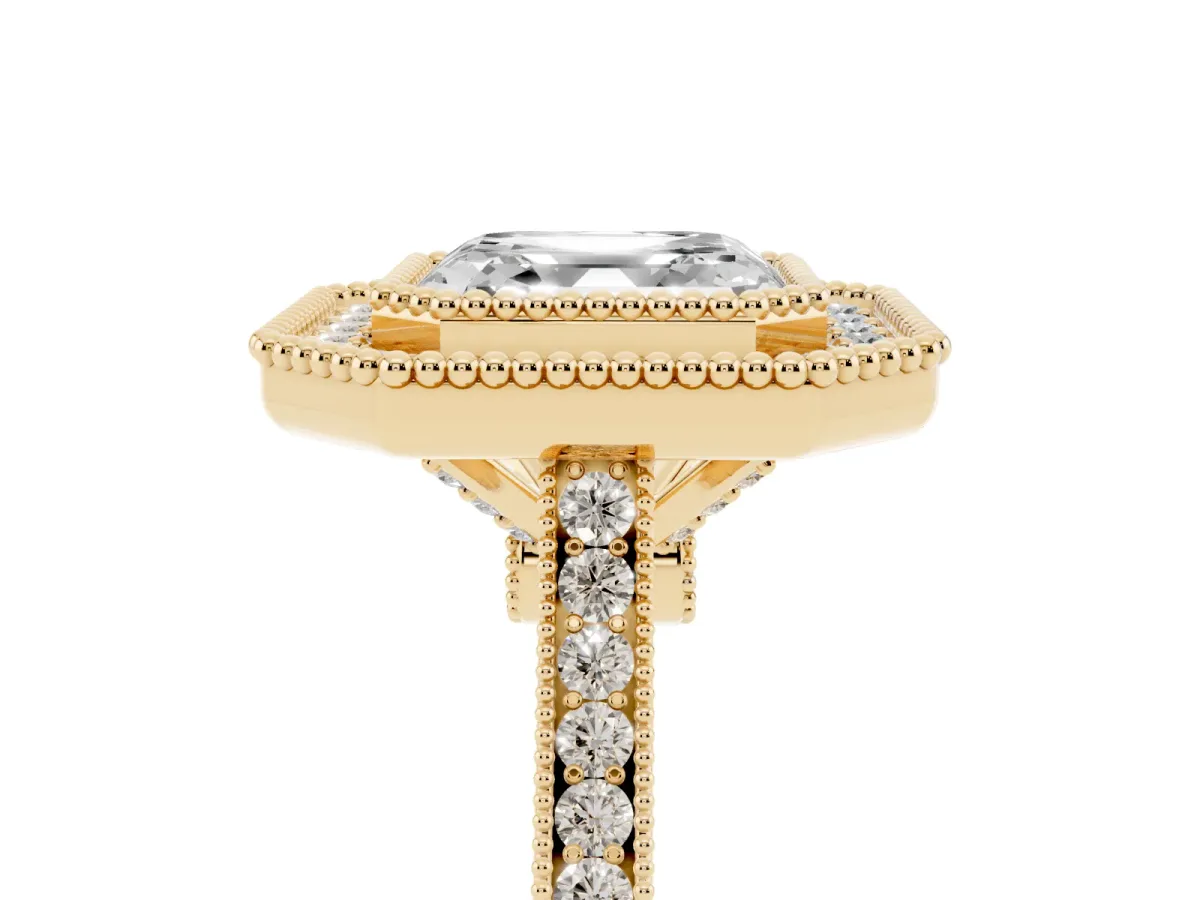 Asscher Cut Diamond Halo Ring with Milgrain Frame and Pavé Band Yellow gold