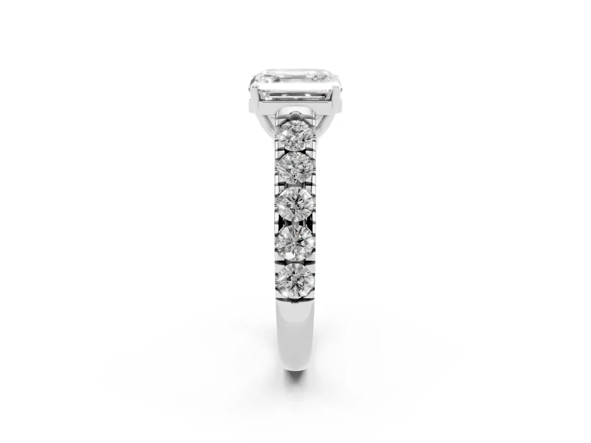 Asscher Cut Cut Diamond Solitaire Ring with Micro Pave Band and Prong Setting Silver