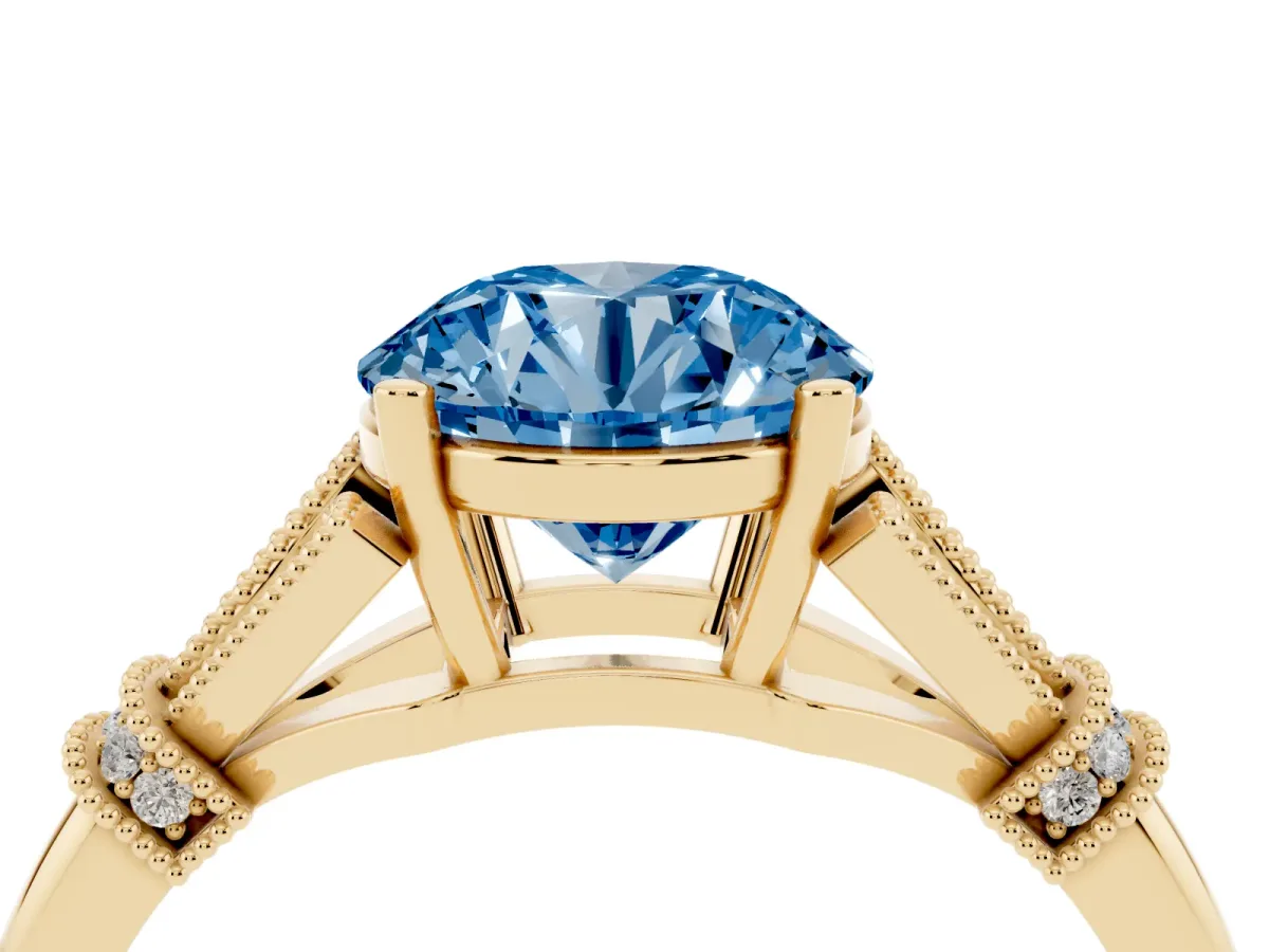 Fancy Blue Round Cut Diamond Solitaire Ring with Floral Filigree and Pave Accents Yellow gold