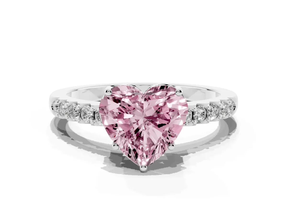 Fancy Pink Heart Cut Solitaire Diamond Engagement Ring with Pavé Band and Six-Prong Setting Platinum