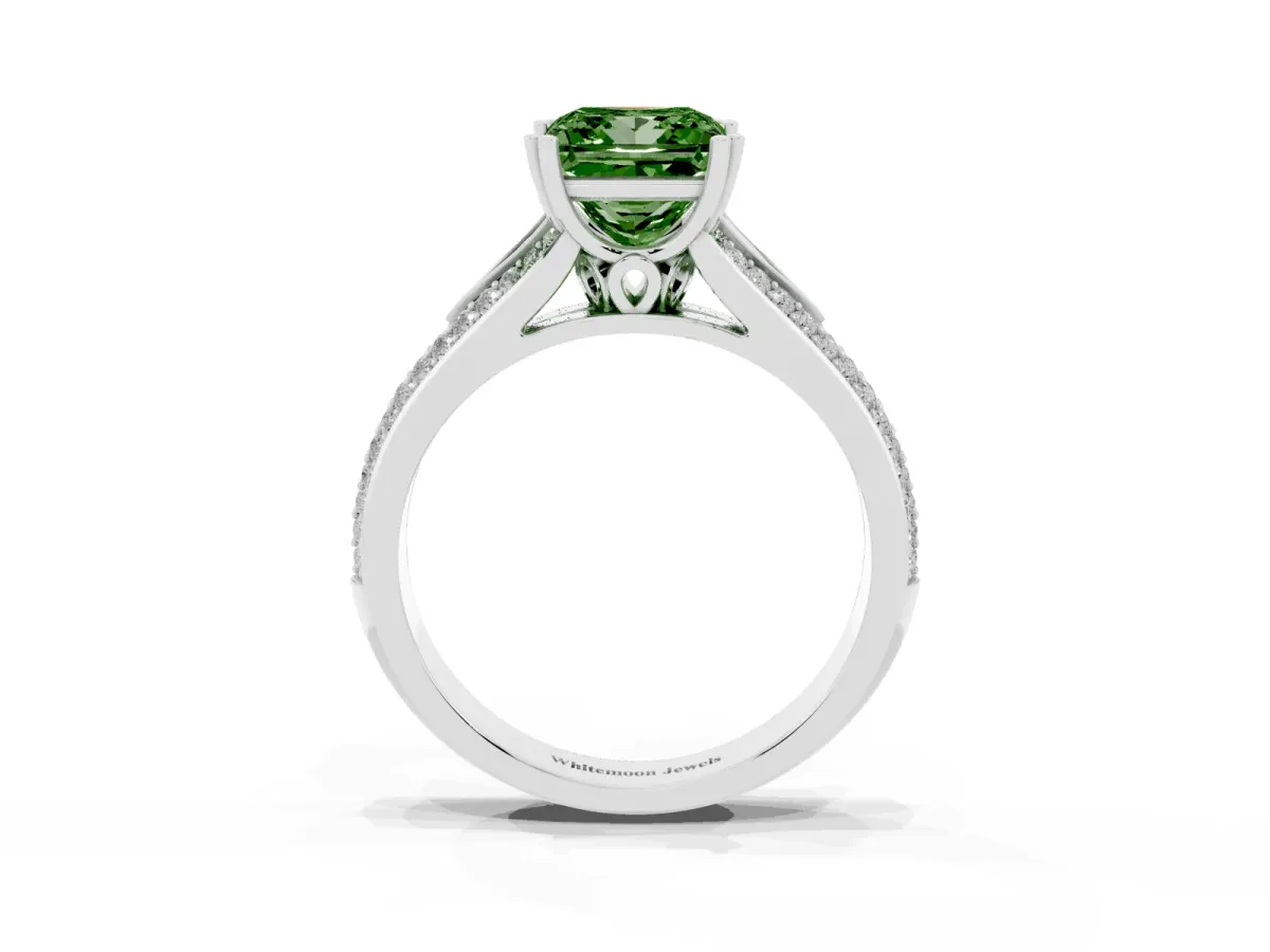 Fancy Green Princess Cut Diamond Split Shank Engagement Ring with Pavé Band Silver