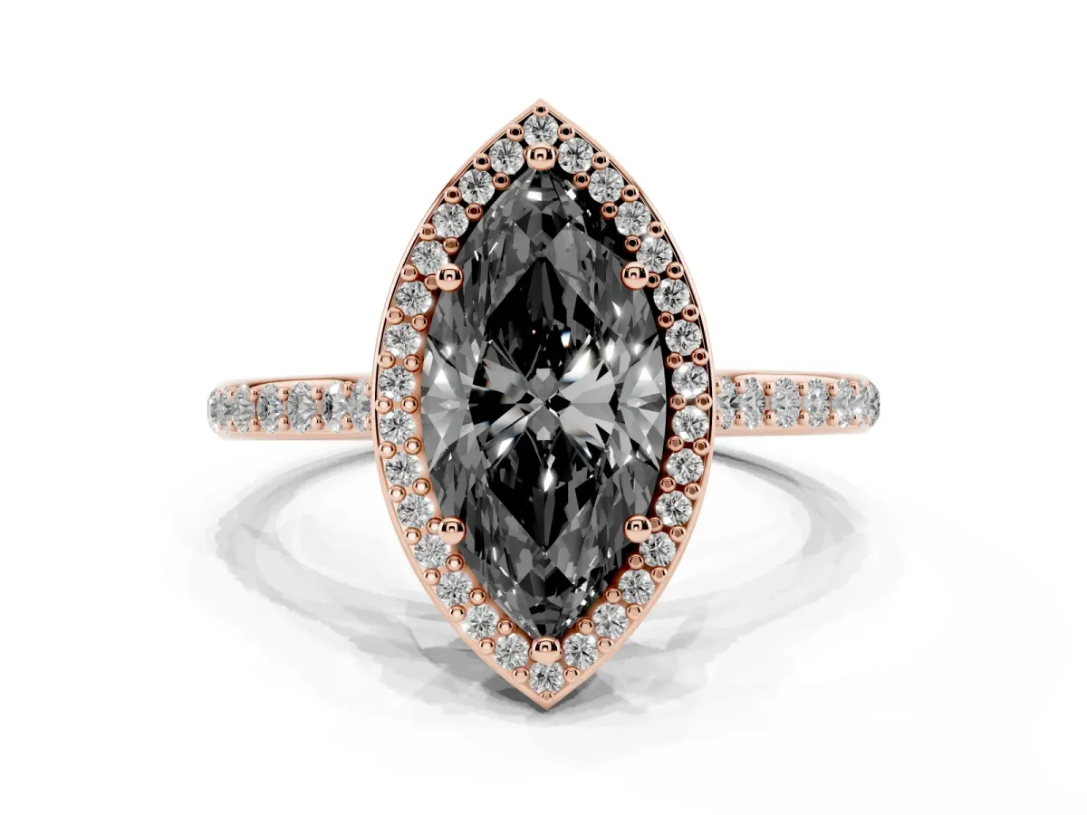 Fancy Black Marquise Cut Diamond Halo Engagement Ring with Round Pavé Shoulders and Prong Setting Rose gold