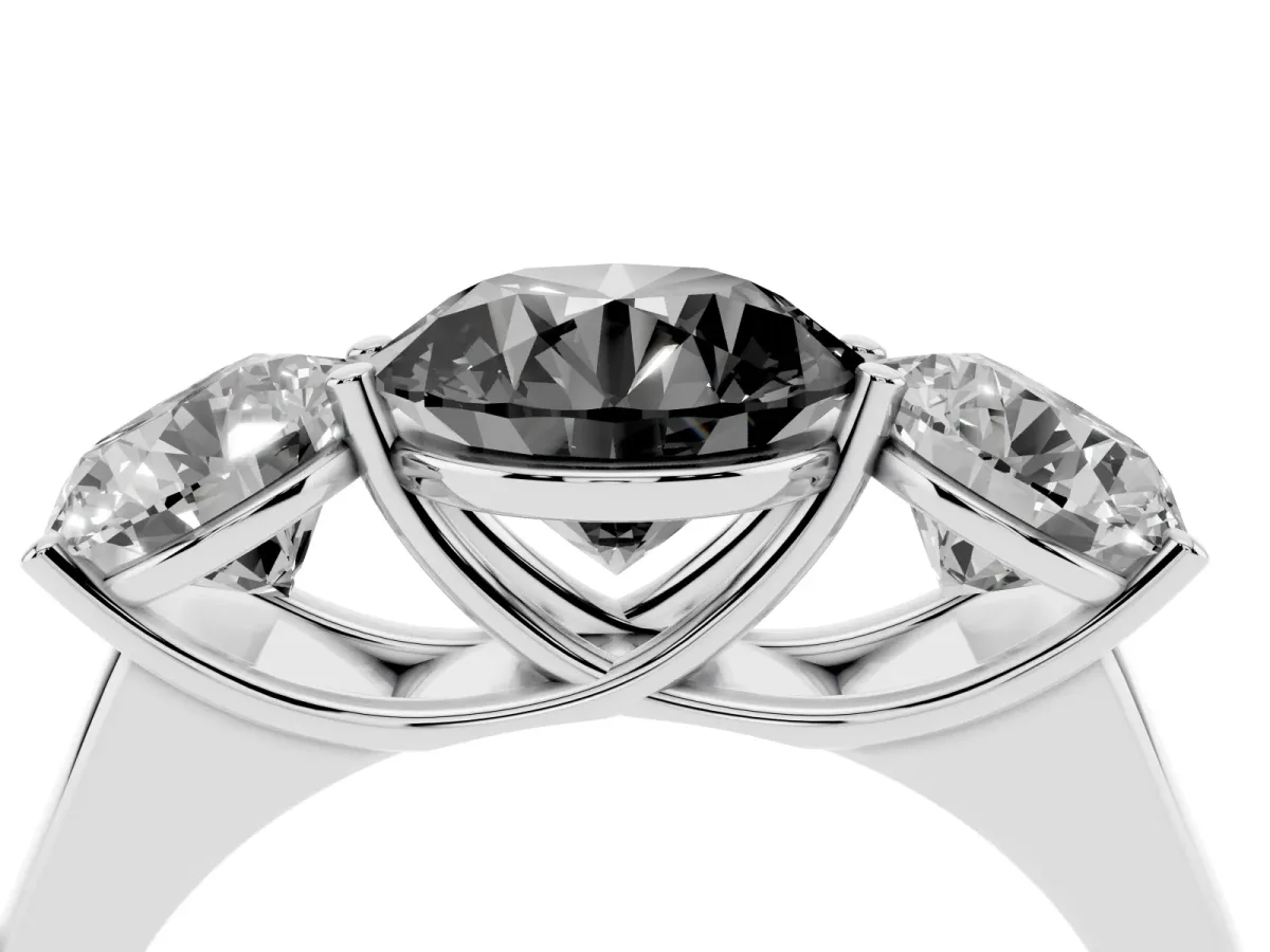 Fancy Black Round Cut Three-Stone Diamond Ring with Prong Setting on a Classic Band Platinum
