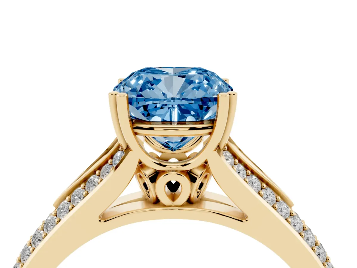 Fancy Blue Cushion Cut Diamond Split Shank Engagement Ring with Pavé Band Yellow gold