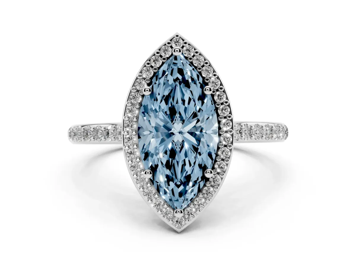 Fancy Blue Marquise Cut Diamond Halo Engagement Ring with Round Pavé Shoulders and Prong Setting Silver