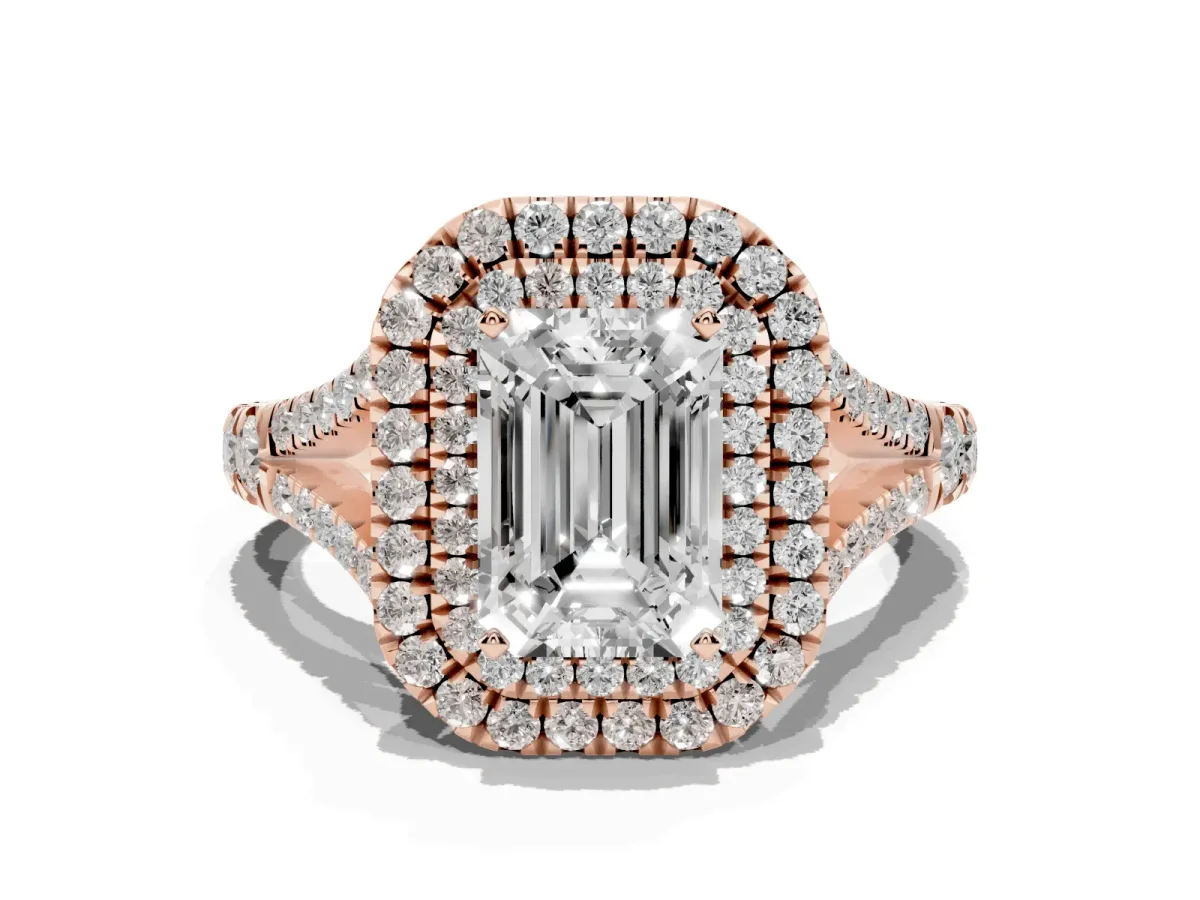 Emerald Cut Diamond Pavé Split Shank Double Halo Engagement Ring Rose gold