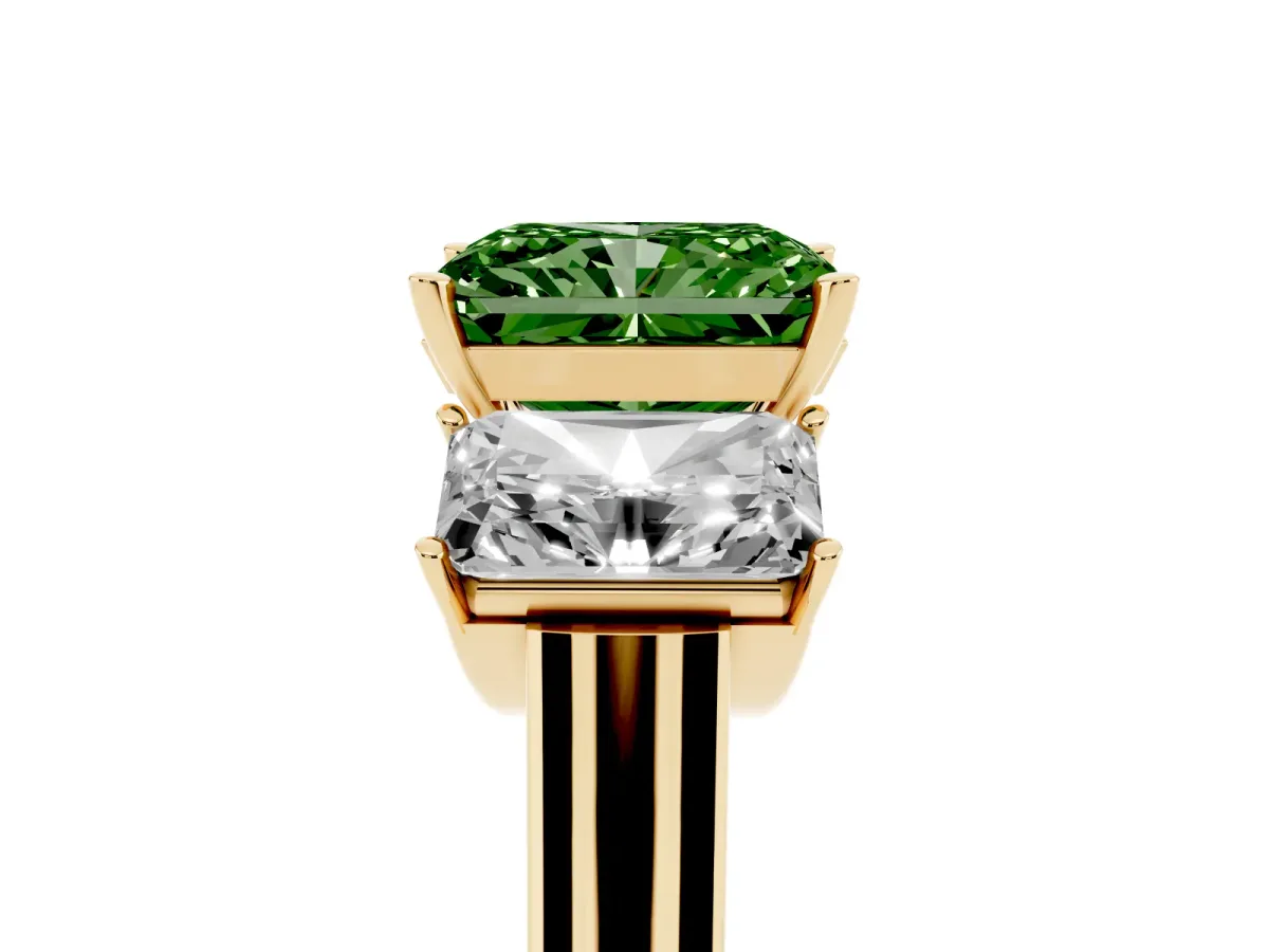 Fancy Green Three-Stone Radiant Cut Brilliant Diamond Trellis Ring with Comfort Fit Band Yellow gold