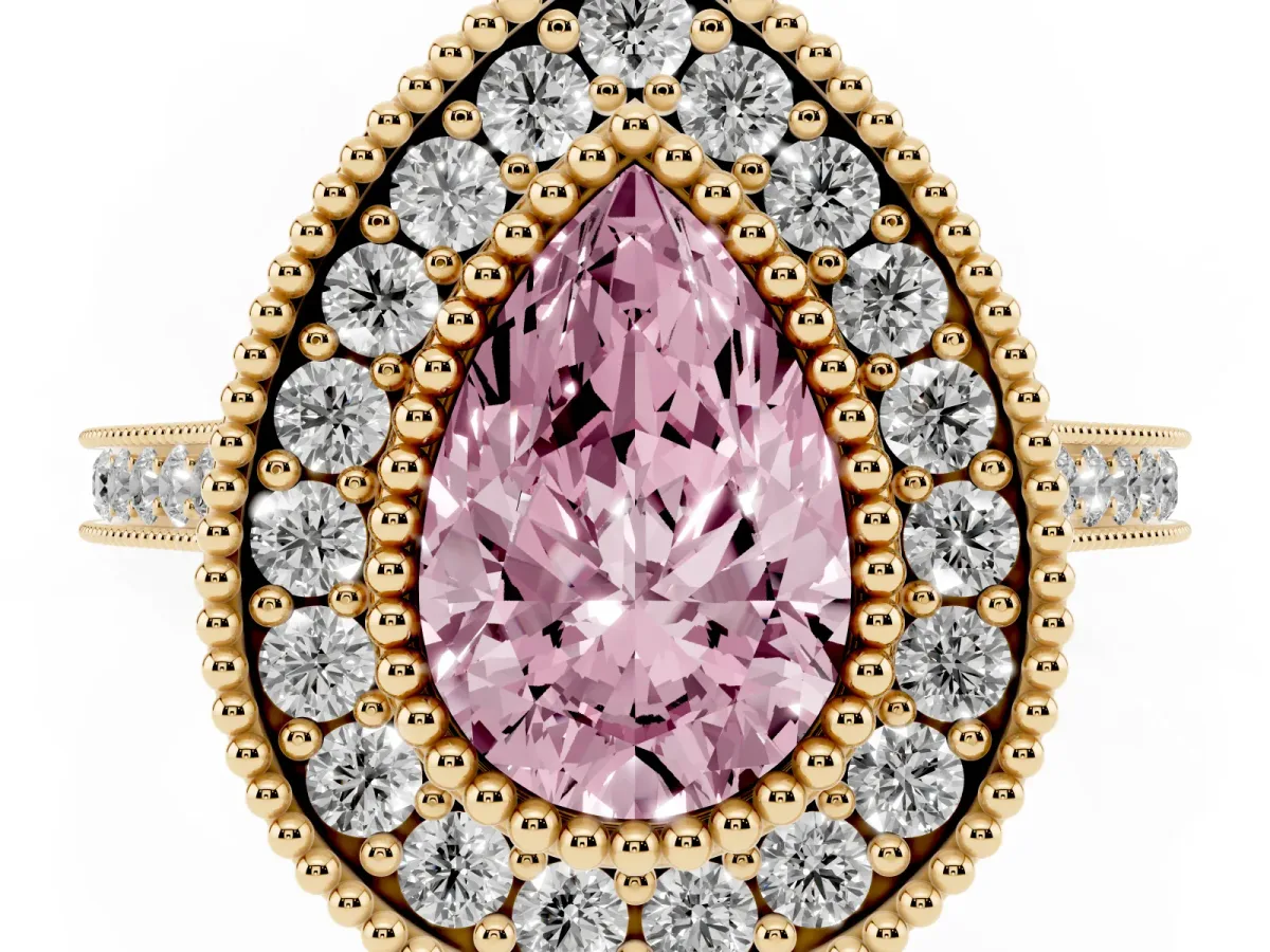Fancy Pink Pear Cut Diamond Halo Ring with Milgrain Frame and Pavé Band Yellow gold