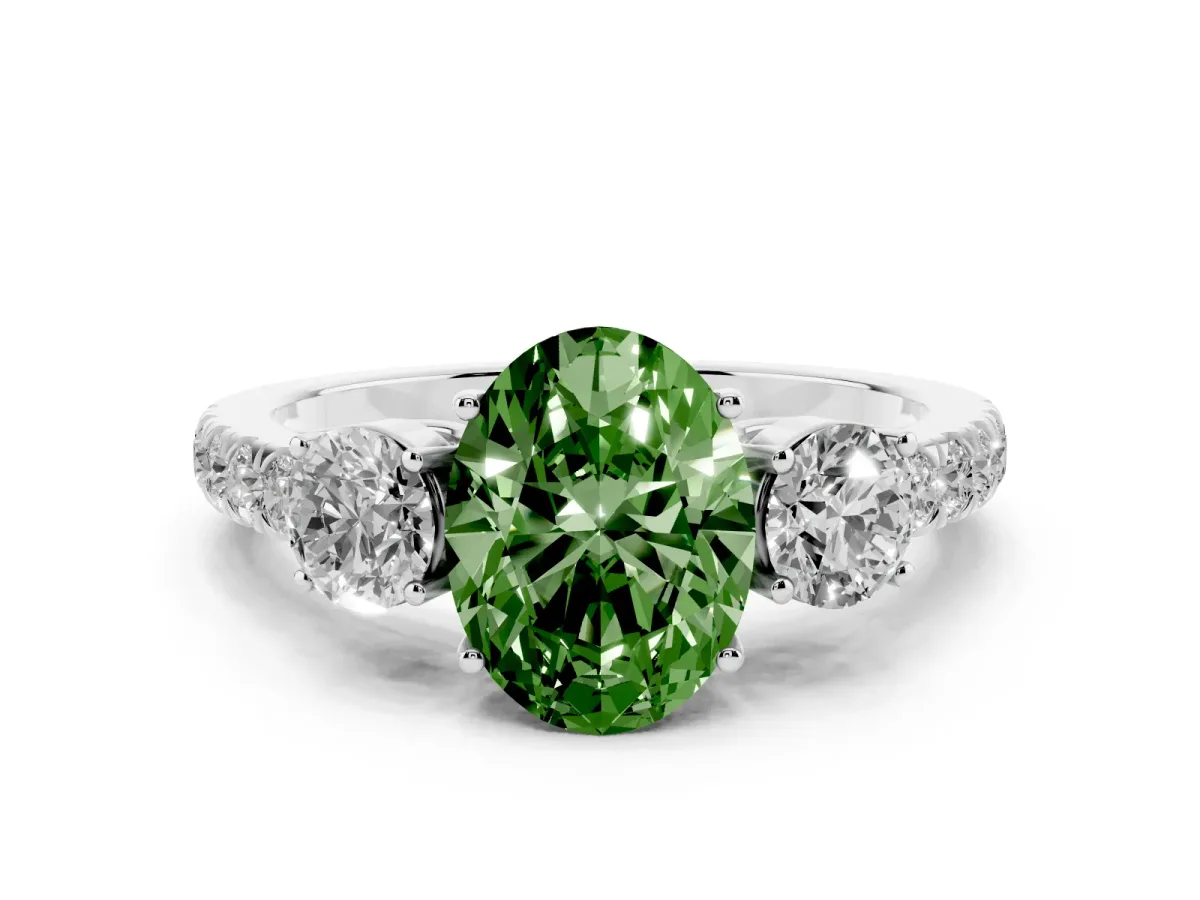 Fancy Green Oval Cut Cut Diamond Three-Stone Ring with Round Side Stones and Pavé Band Platinum