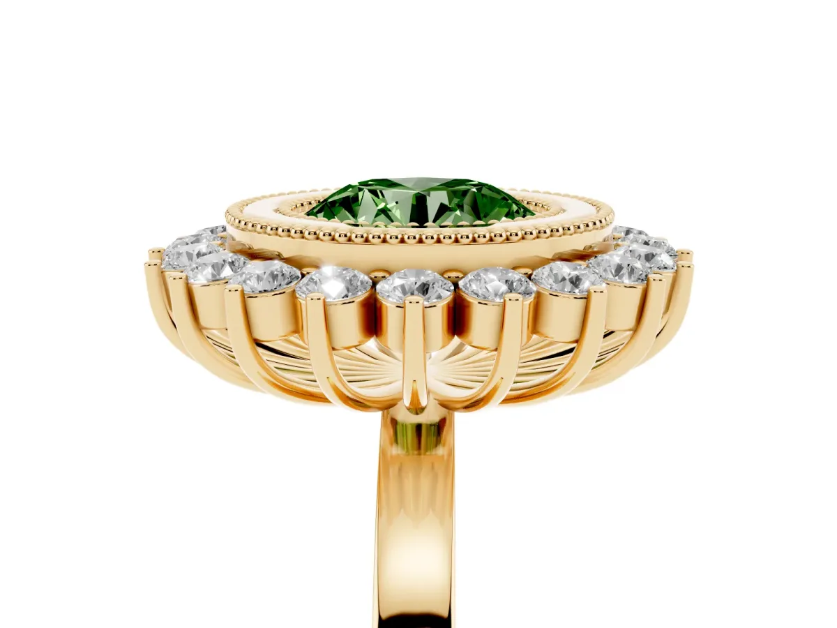 Fancy Green Round Cut Halo Diamond Ring with Milgrain Edge and Round Prong Setting Yellow gold