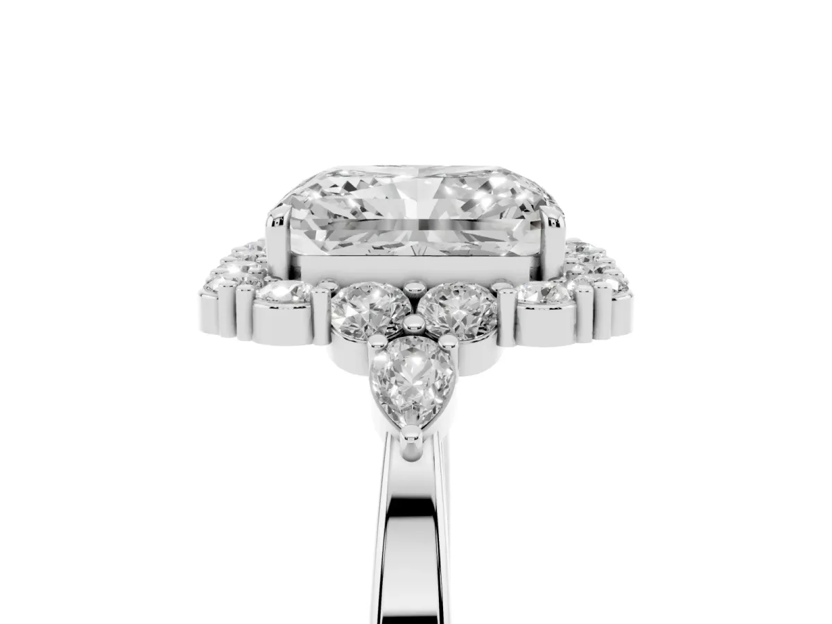 Radiant Cut Diamond Halo Ring with Pear Side Stones and Prong Setting Silver