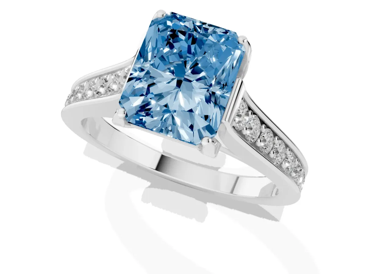Fancy Blue Radiant Cut Brilliant Cut Diamond Engagement Ring with Pavé Band and Four-Prong Setting White gold