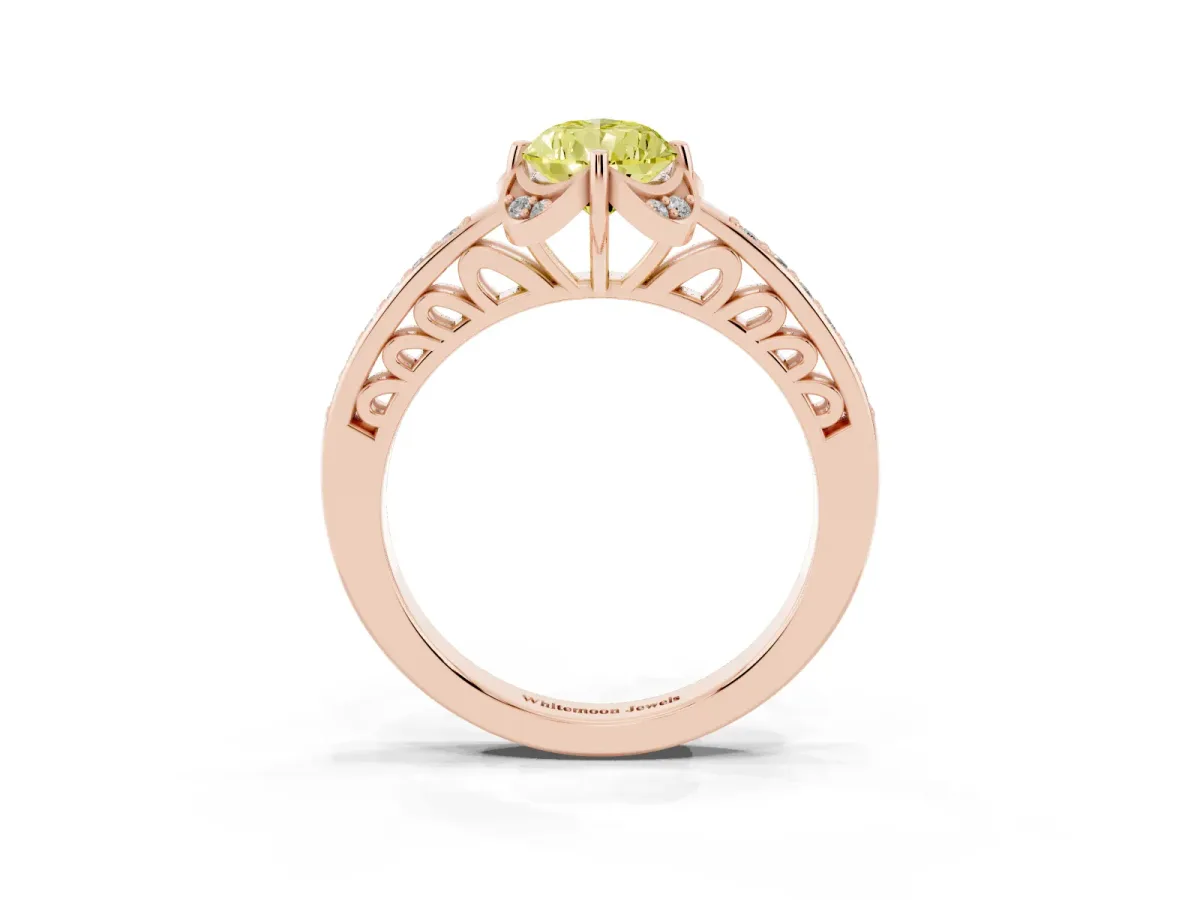 Fancy Yellow Pear Cut Cut Halo Diamond Ring with Channel Set Band and Four-Prong Setting Rose gold