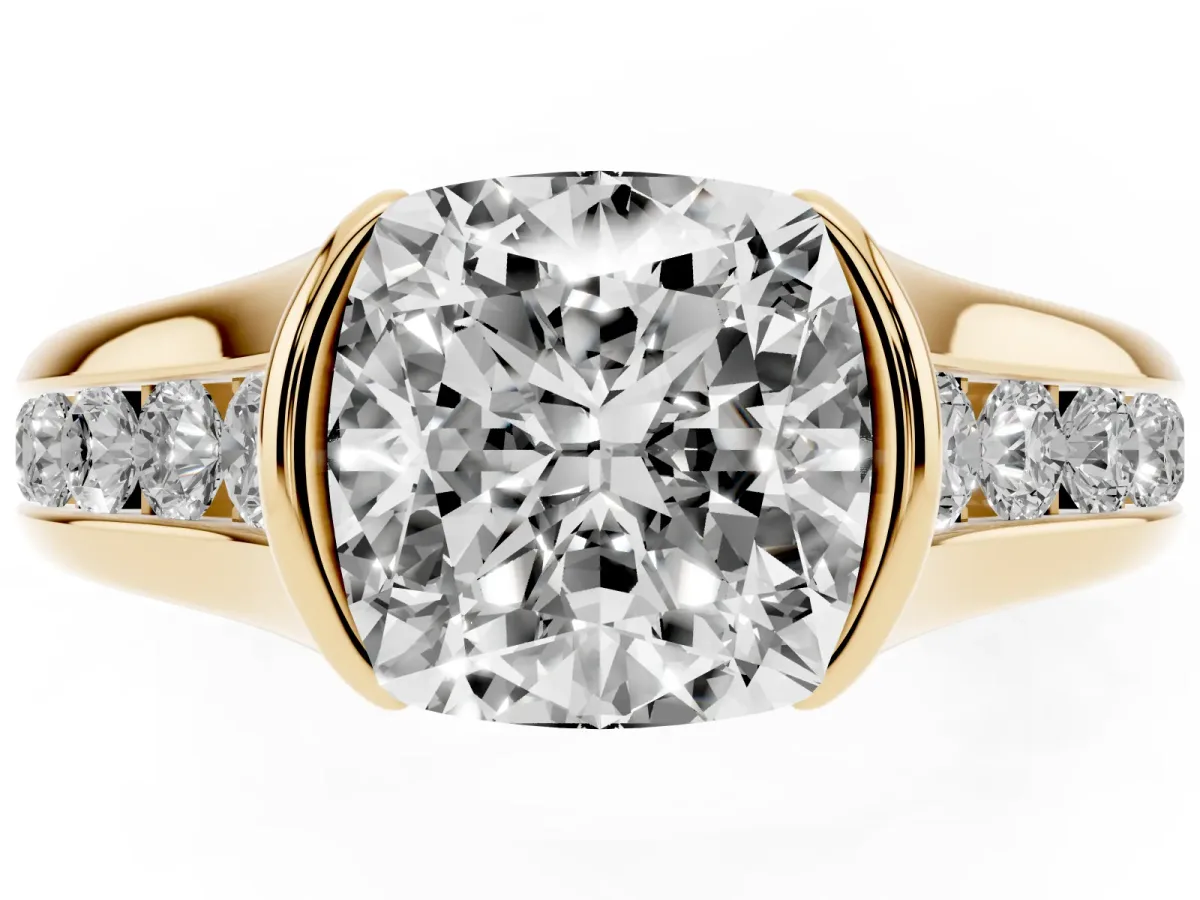 Cushion Cut Solitaire Bezel-Set Diamond Ring with Channel-Set Band Yellow gold