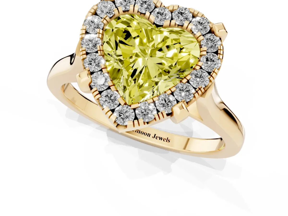 Fancy Yellow Heart Cut Diamond Cluster Halo Solitaire with Four-Prong Setting Yellow gold