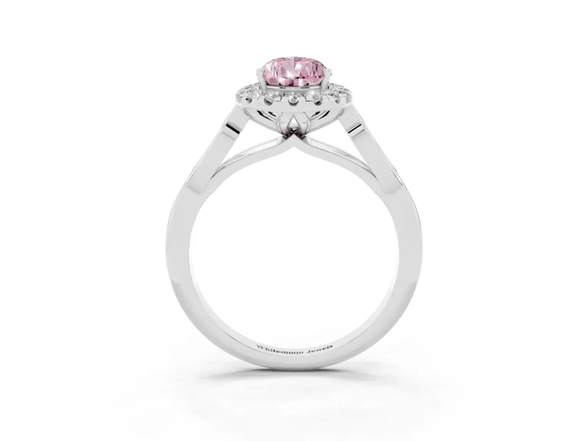 Fancy Pink Pear Cut Halo Diamond Engagement Ring with Filigree Band and Four-Prong Setting Platinum