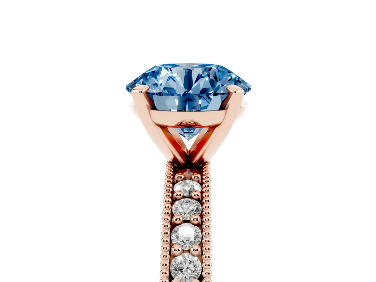 Fancy Blue Round Cut Diamond Milgrain Pavé Engagement Ring with Four-Prong Setting Rose gold