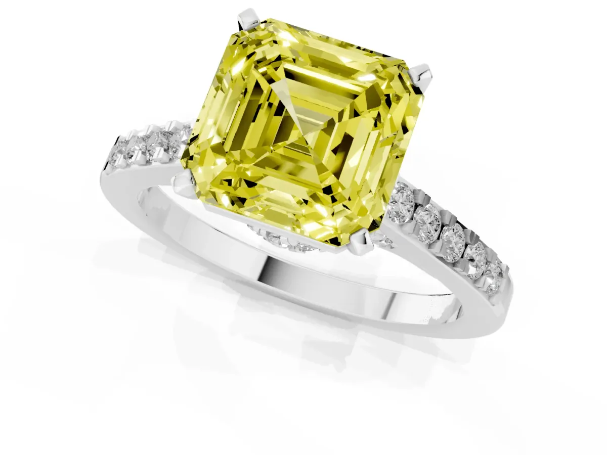 Fancy Yellow Asscher Cut Diamond Solitaire Ring with Crossover Gallery and Round Pavé Band Platinum