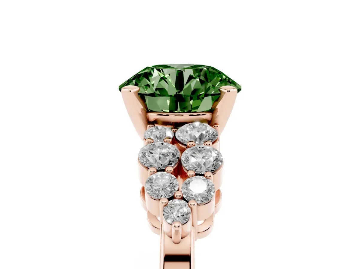 Fancy Green Round Cut Cluster Diamond Engagement Ring with Pavé Band and Four-Prong Setting Rose gold