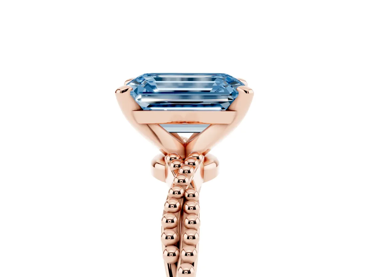 Fancy Blue Emerald Cut Solitaire Twisted Band with Bead Prong Setting Rose gold