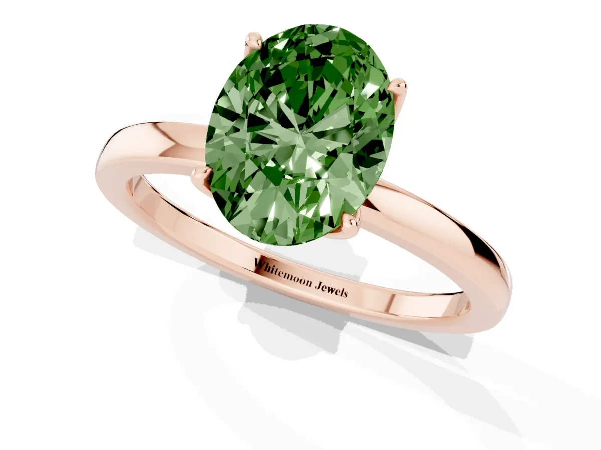 Fancy Green Oval Cut Diamond Solitaire Ring with Thin Band and Prong Setting Rose gold