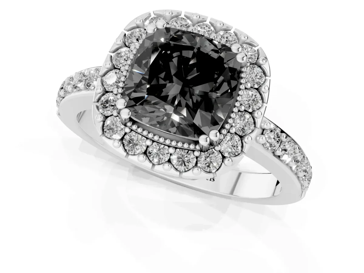 Fancy Black Cushion Cut Diamond Halo Ring with Pavé Band and Prong Setting Silver