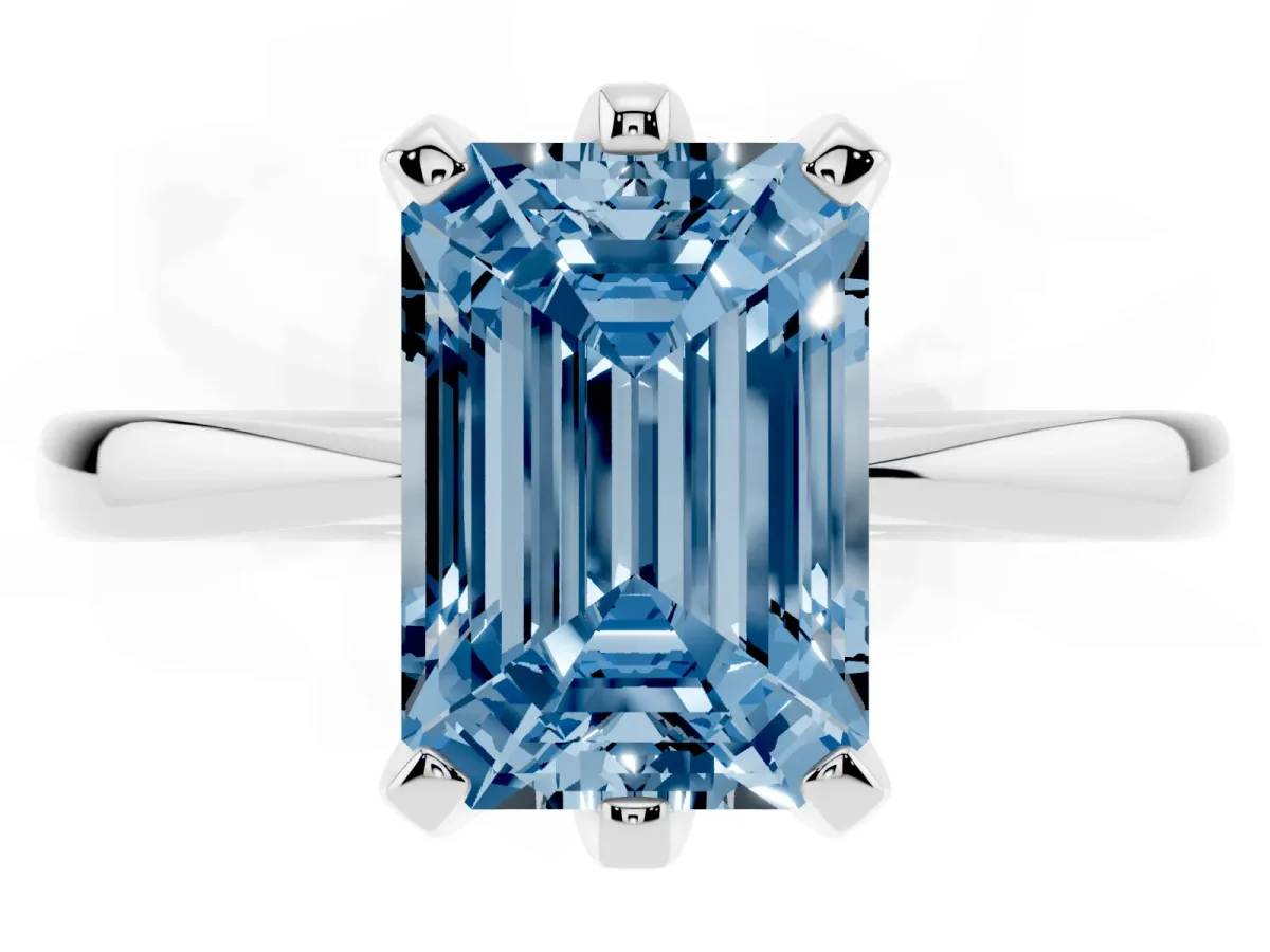 Fancy Blue Emerald Cut Solitaire Engagement Ring with Six-Prong Setting and Tapered Band Silver