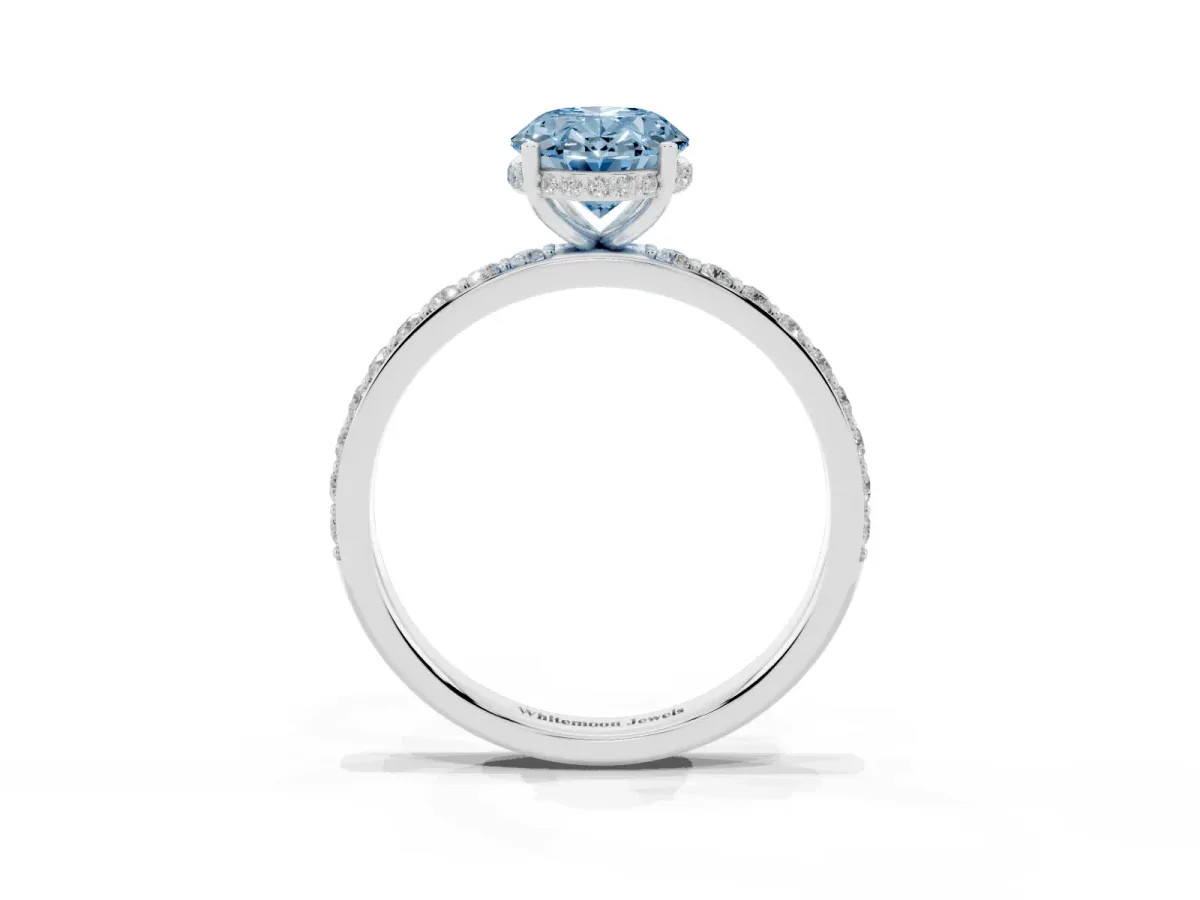 Fancy Blue Oval Cut Diamond Solitaire Ring with Pavé Band and Hidden Halo Silver
