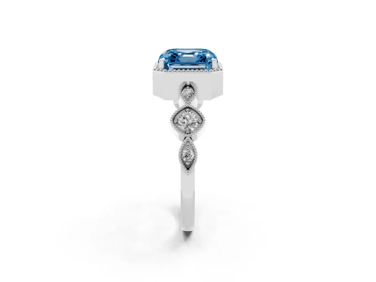 Fancy Blue Asscher Cut Diamond Vintage Milgrain Ring with Round Stations Silver